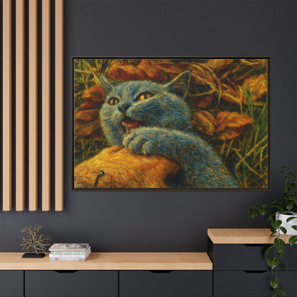 Blue cat canvas print featuring whimsical wall art, perfect for cat lovers and decorative home decor by Printify.