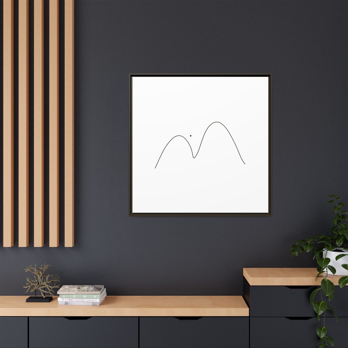 Minimalist mountain line art on framed matte canvas, modern wall art by Printify featuring simple mountain landscape design.