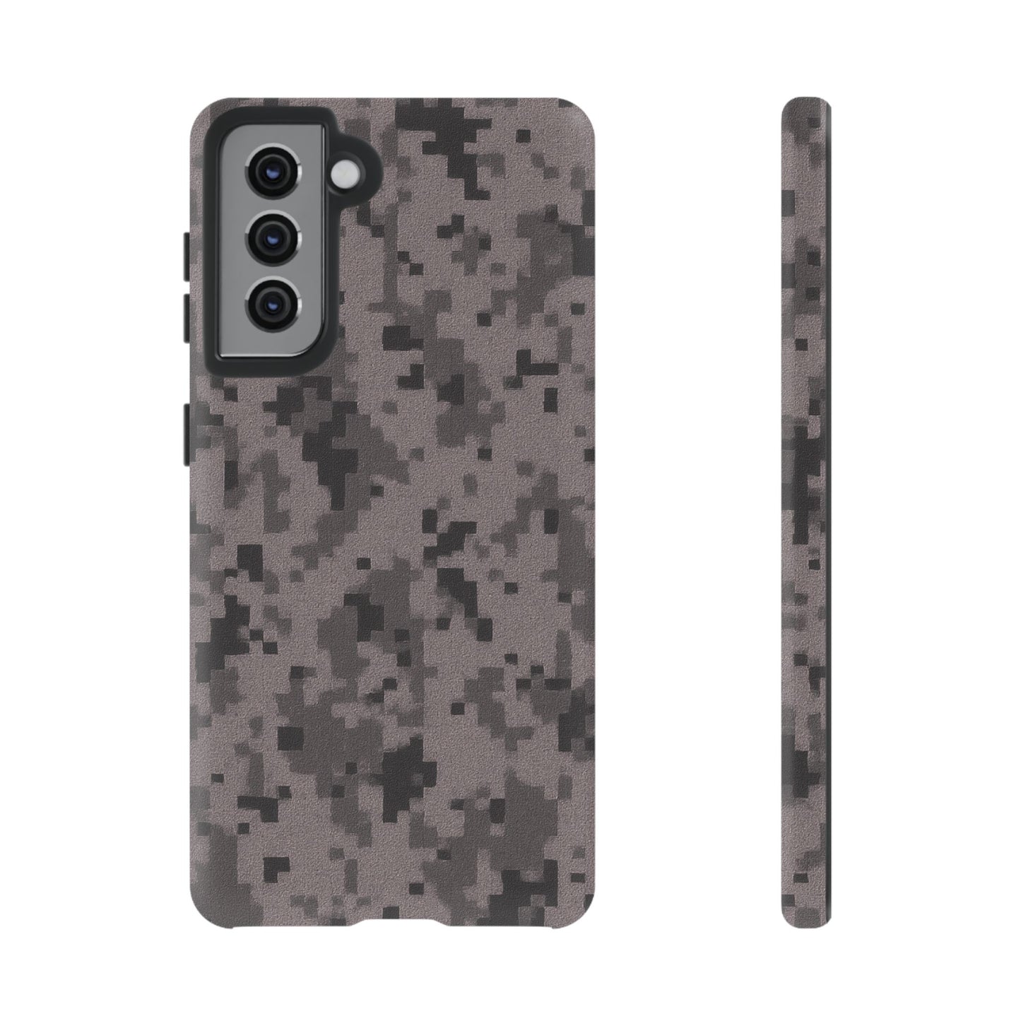 Gray digital camouflage phone case by Printify, tough protective cover with a rugged camouflage design for smartphones.