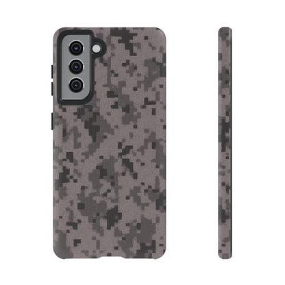 Gray digital camouflage phone case by Printify, tough protective cover with a rugged camouflage design for smartphones.