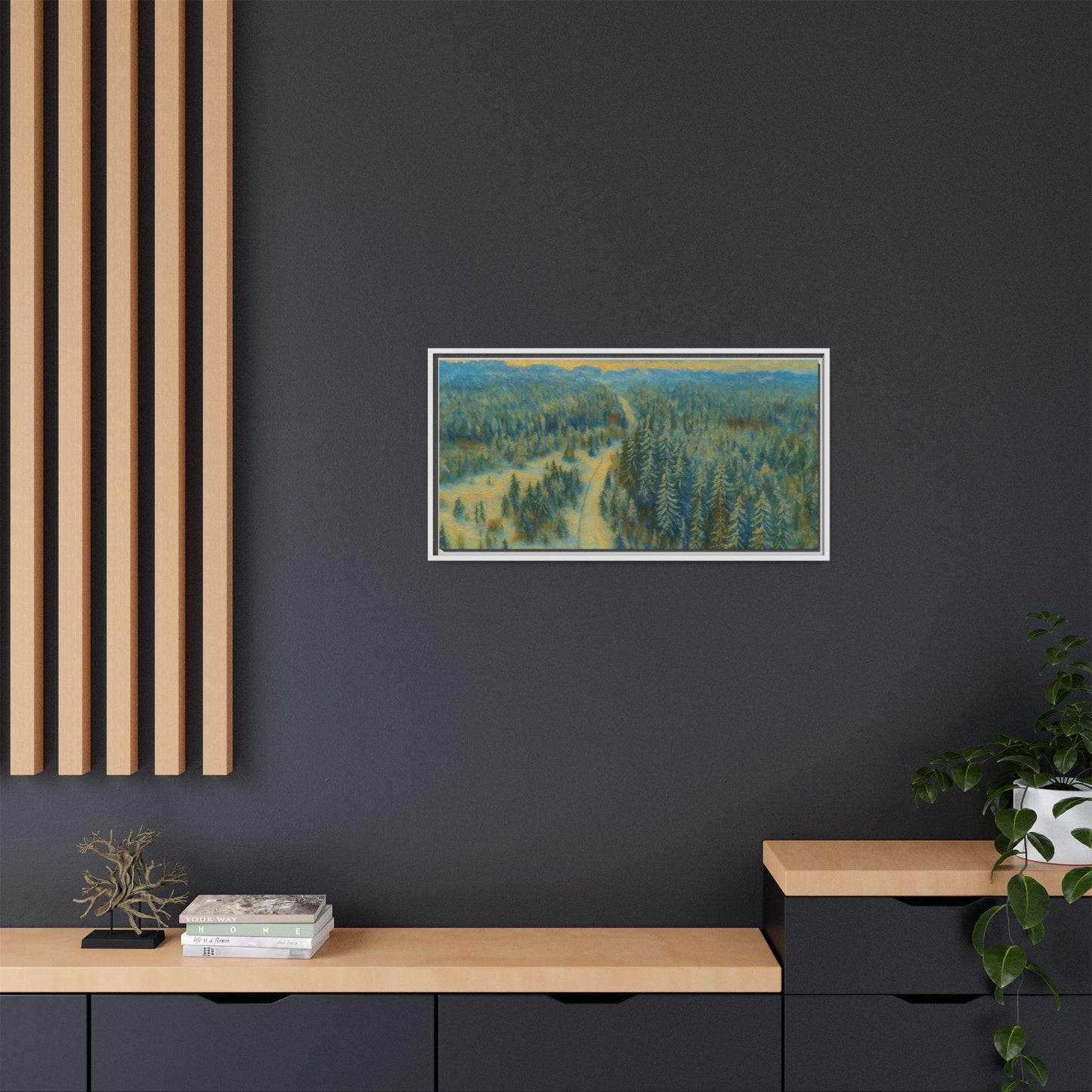 Framed matte canvas print of a serene winter forest landscape by Printify, showcasing snowy trees and peaceful scenery.
