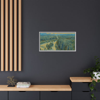 Framed matte canvas print of a serene winter forest landscape by Printify, showcasing snowy trees and peaceful scenery.