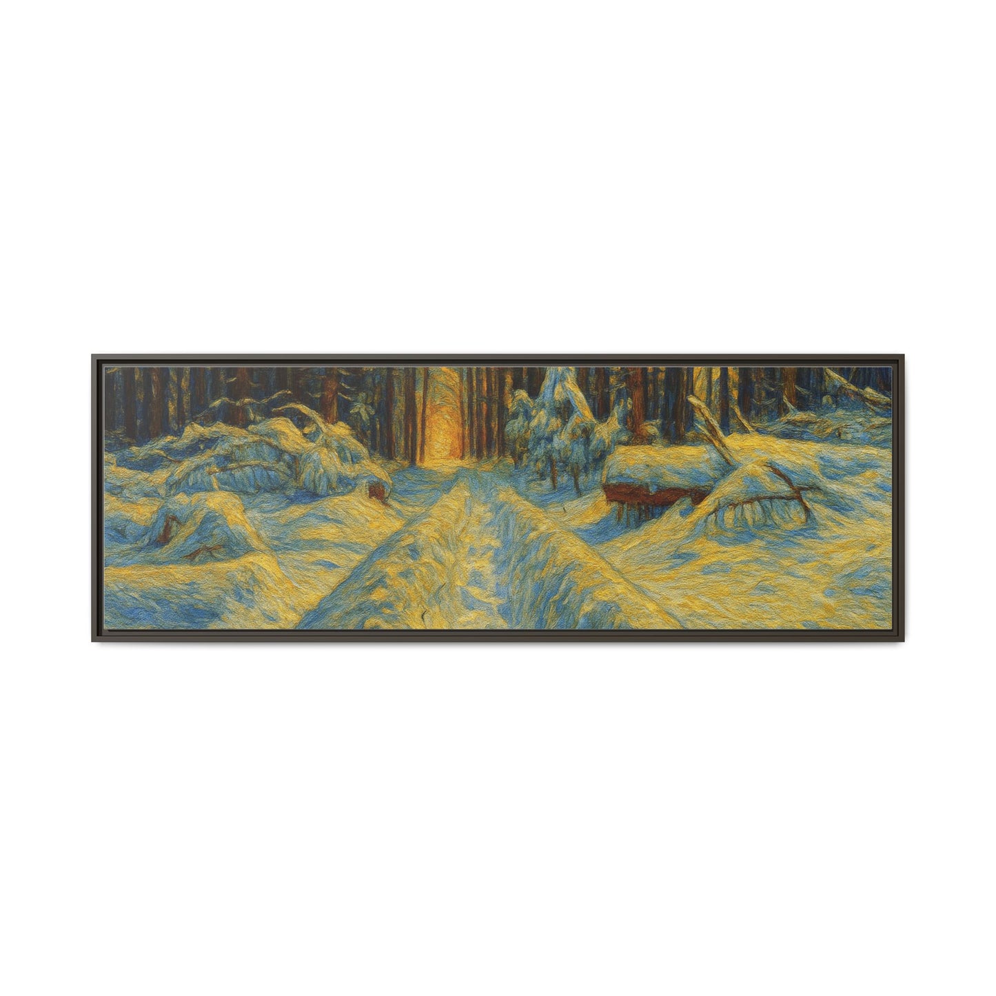 Framed matte canvas print of a snowy forest path at sunset, wall art by Printify showcasing winter landscape scenery.