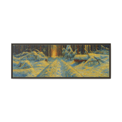 Framed matte canvas print of a snowy forest path at sunset, wall art by Printify showcasing winter landscape scenery.