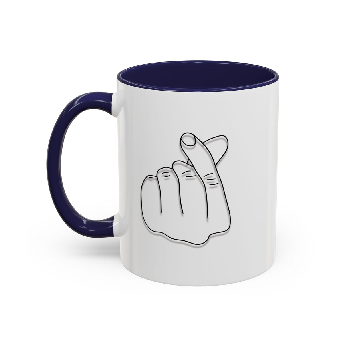 Minimal Korean finger heart accent mug by Printify, 11oz or 15oz ceramic coffee mug with subtle heart detail.