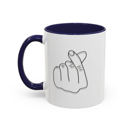 Minimal Korean finger heart accent mug by Printify, 11oz or 15oz ceramic coffee mug with subtle heart detail.