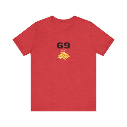 Unisex graphic T-shirt featuring a playful 69 and French fries design, in a fun and quirky style.