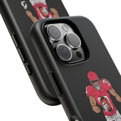 Black tough football player phone case for iPhone, protective sports design by Printify, featuring athletic action imagery.