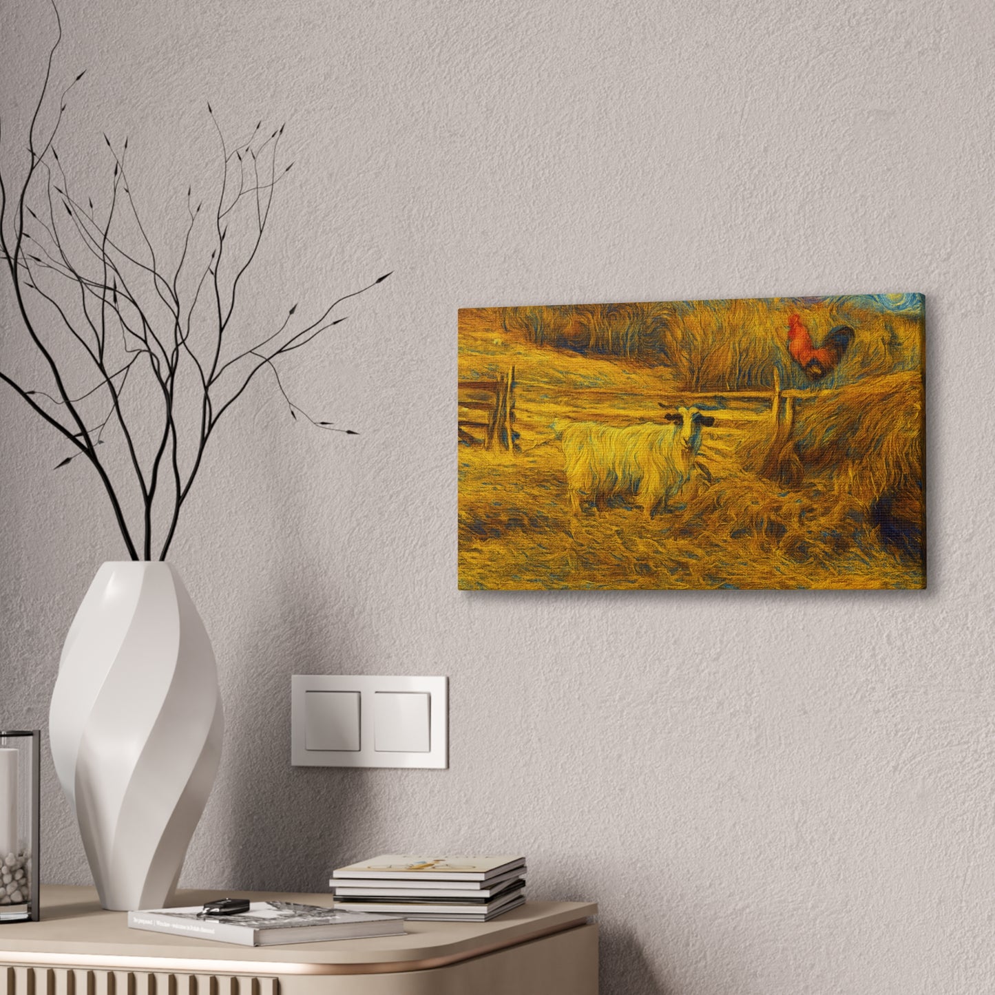 Farmhouse Canvas Wall Art - Rustic Animal Decor, Goat and Rooster Painting, Country Home, Farmhouse Style, Gift for Farmers - TRV