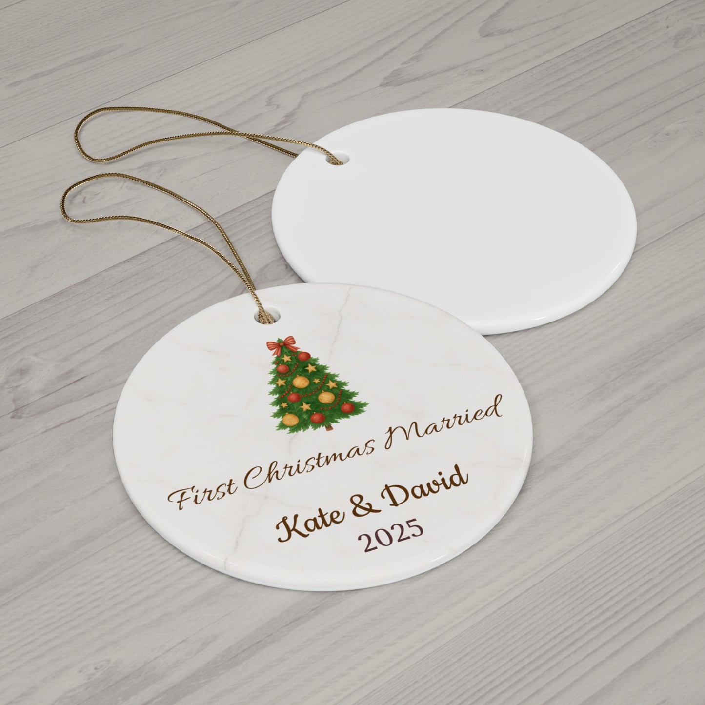 Personalized First Christmas Married ceramic ornament with names and year, featuring festive holiday design.