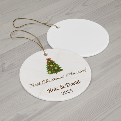 Personalized First Christmas Married ceramic ornament with names and year, featuring festive holiday design.
