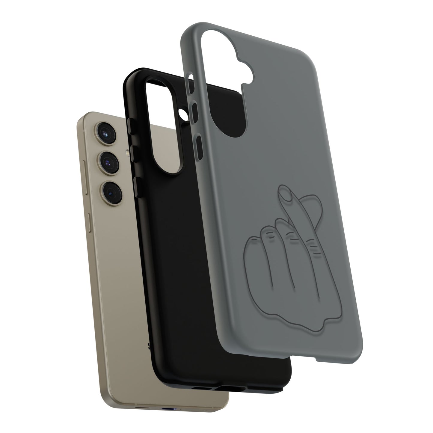 Silicone phone case with embossed Korean finger heart design, compatible with smartphones, by Printify.