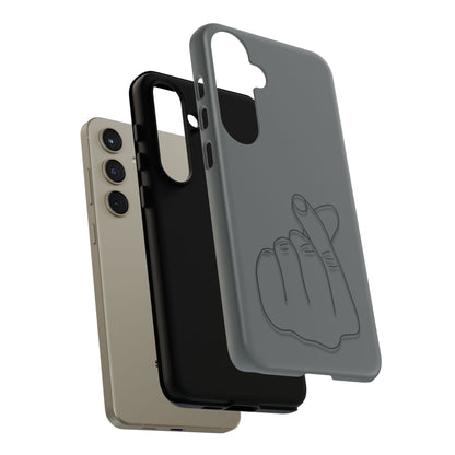 Silicone phone case with embossed Korean finger heart design, compatible with smartphones, by Printify.