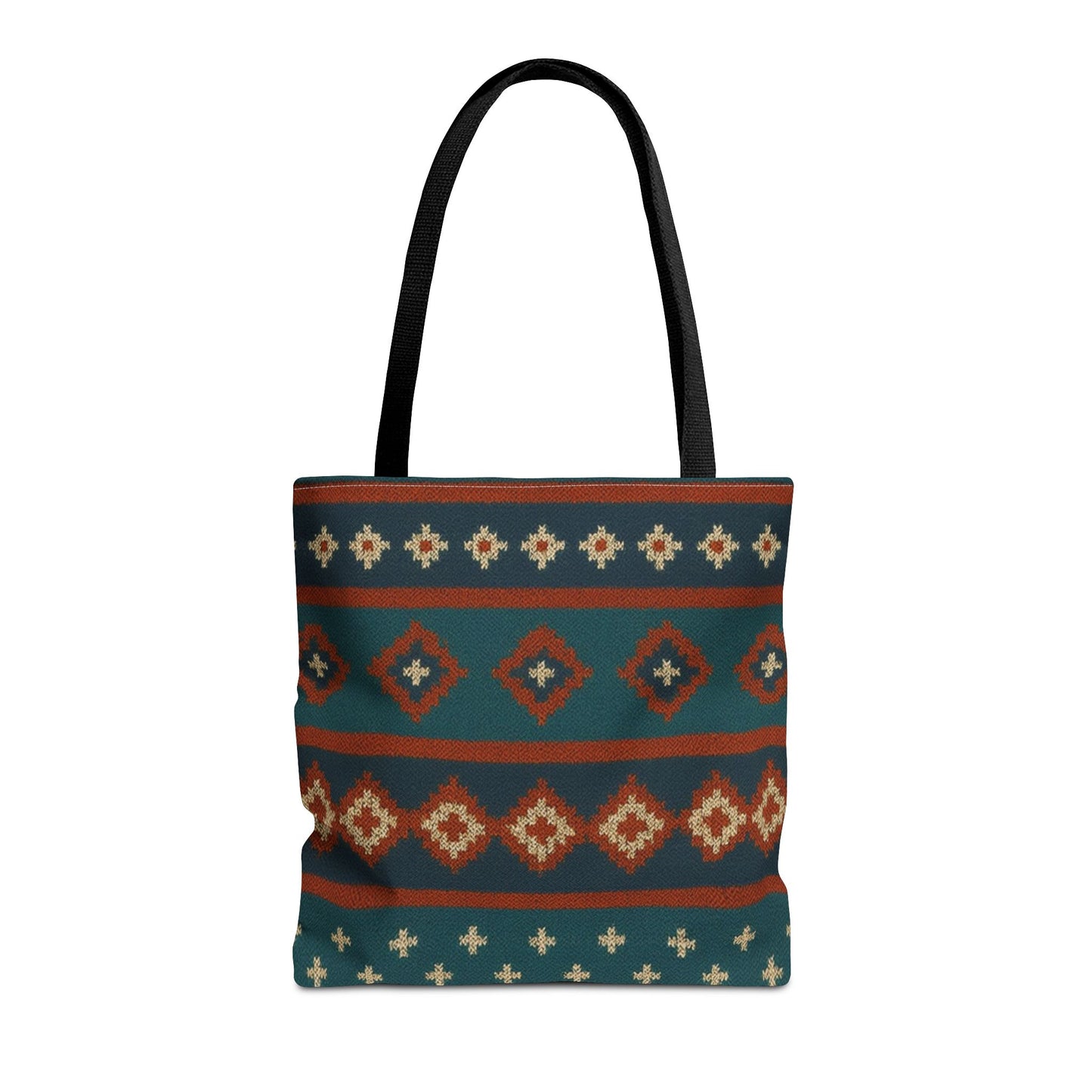 Southwestern diamond pattern tote bag with Aztec tribal geometric print featuring sturdy handles and vibrant design.