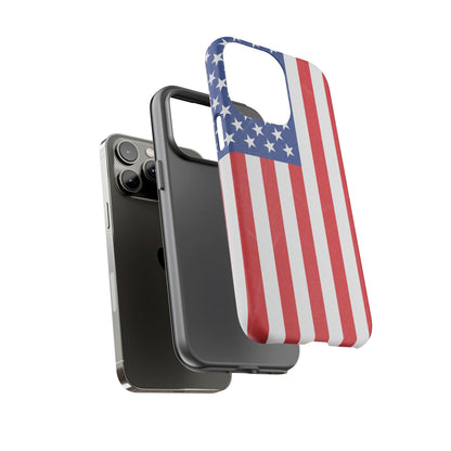 American flag tough phone case for iPhone and Samsung, patriotic protective cover with bold flag design by Printify.