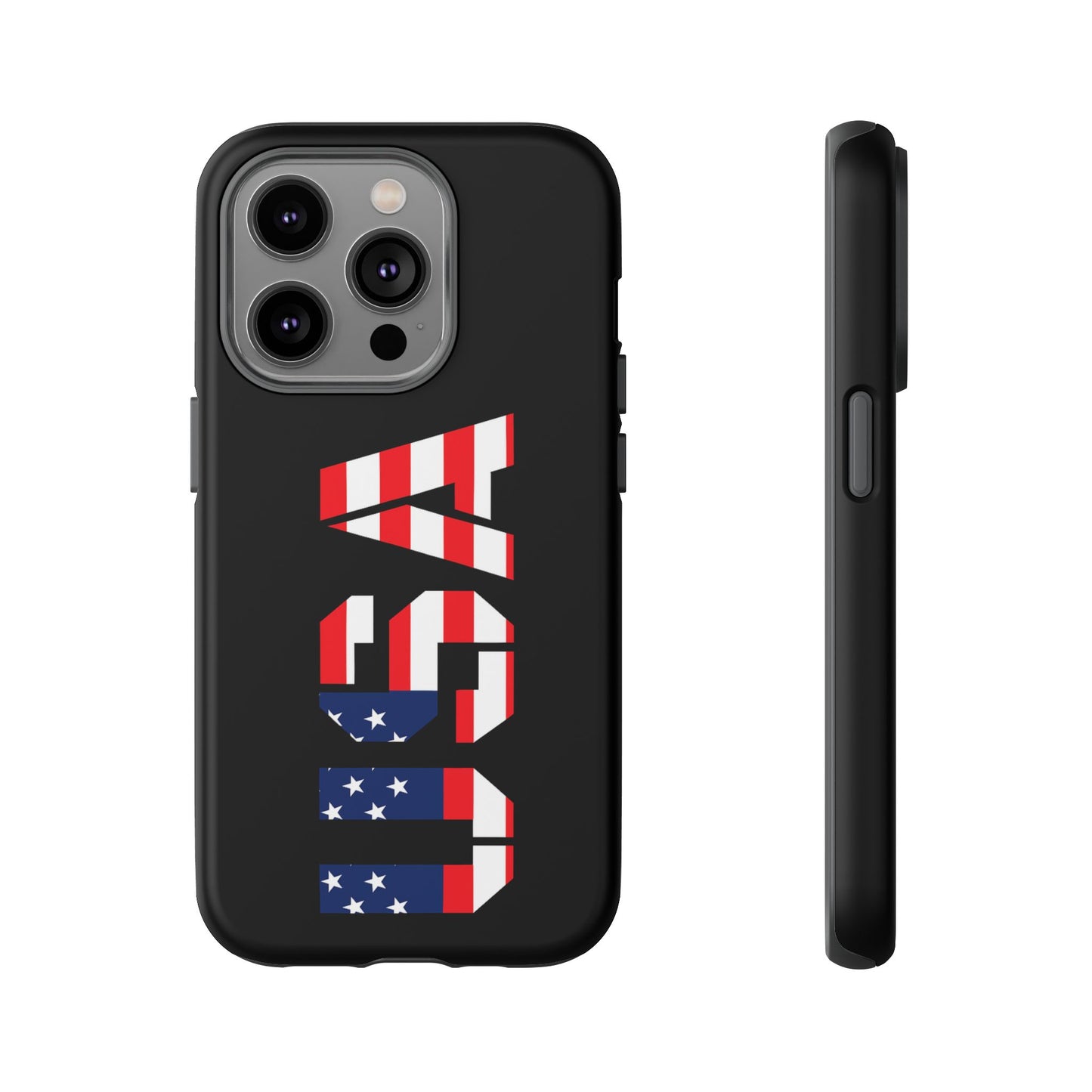 USA Phone Case with American flag design, durable tough case for iPhone, featuring patriotic red, white, and blue colors.