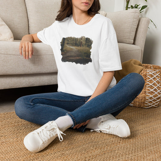 Vintage forest landscape T-shirt by Printify featuring a nature pathway scene on soft fabric.