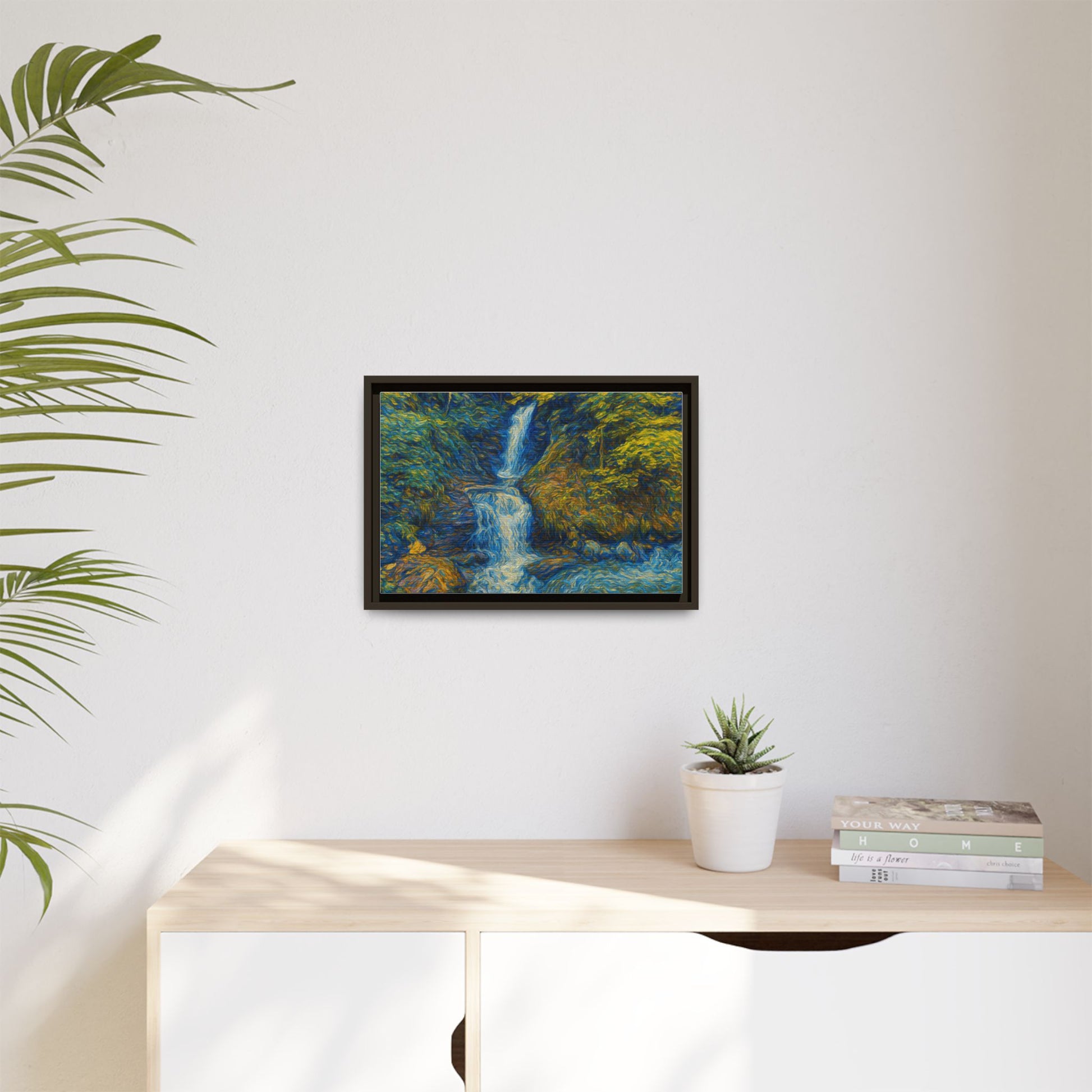 Framed matte canvas print of impressionist waterfall wall art by Printify, showcasing vibrant colors and textured brushstrokes.