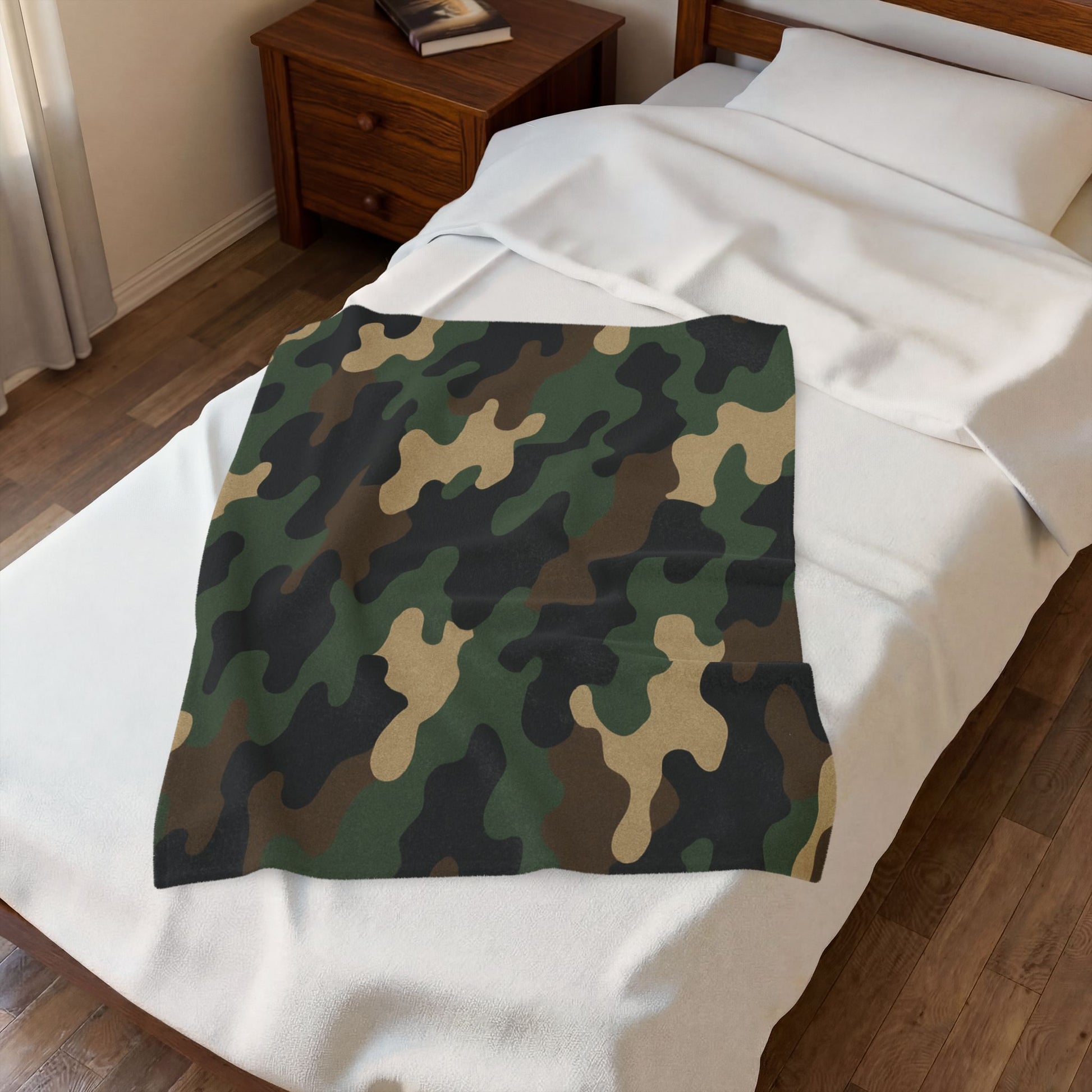 Camouflage velveteen plush blanket with all-over camo print, ideal for camping, hunting, or cozy home use by Printify.