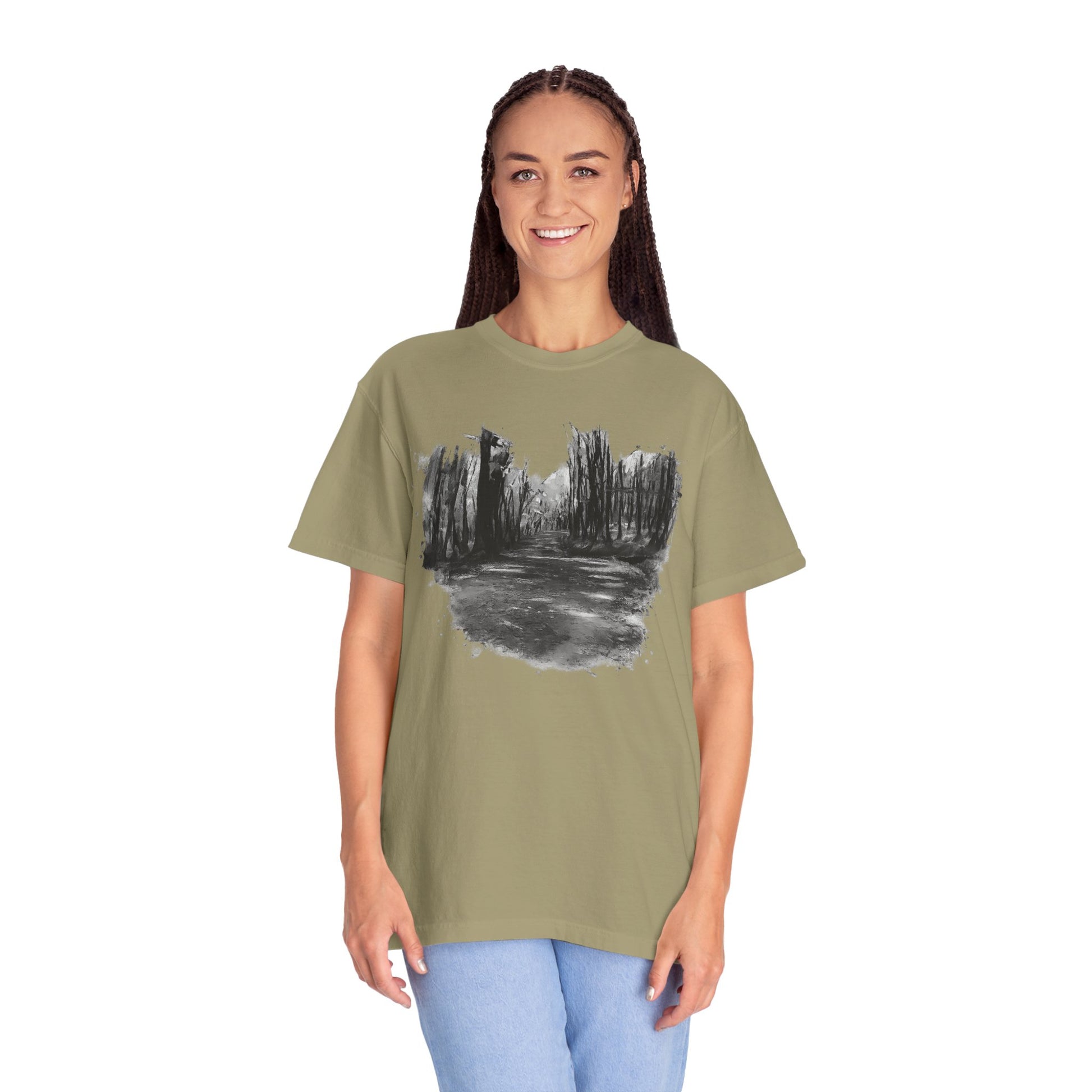 Artistic Forest Scene T-shirt | Nature Lover Gift, Outdoor Adventure Tee, Eco-Friendly Fashion, Vintage Inspired Clothing, Unisex Gift - TRV