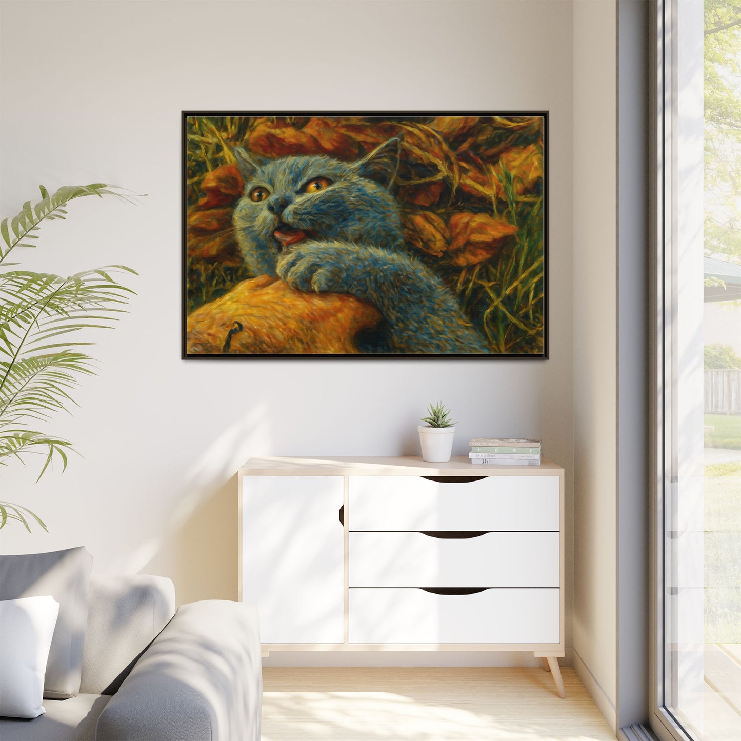 Blue cat canvas print featuring whimsical wall art, perfect gift for cat lovers, created by Printify.