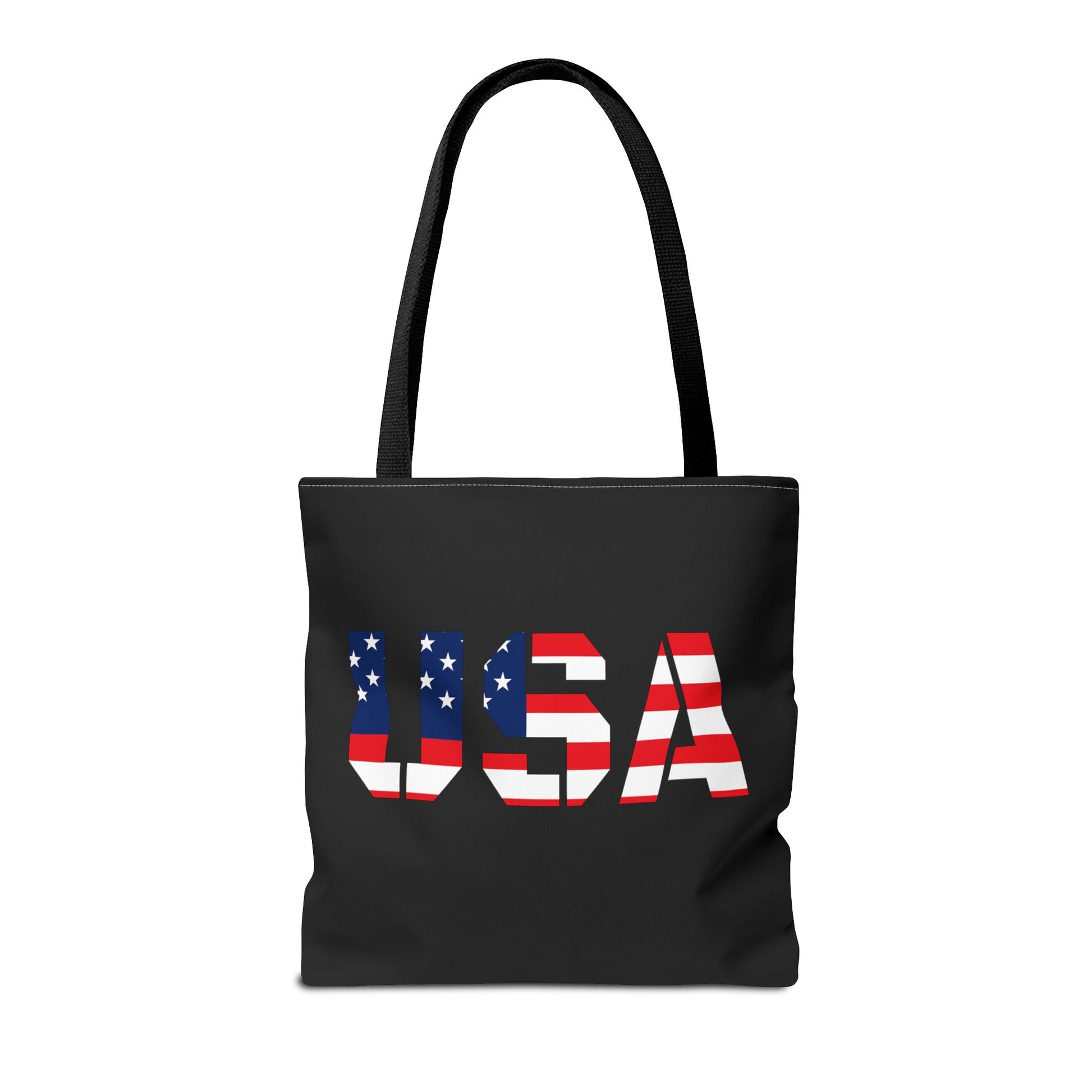 USA flag tote bag by Printify, reusable summer carryall with patriotic stars and stripes for 4th of July celebrations.