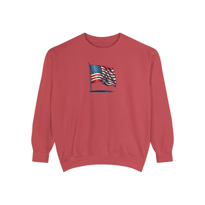 Patriotic Unisex Garment-Dyed Sweatshirt with Vintage American Flag, Cozy Fall Outfit, Statement Sweater, Gift for Veterans, Casual Fashion - TRV