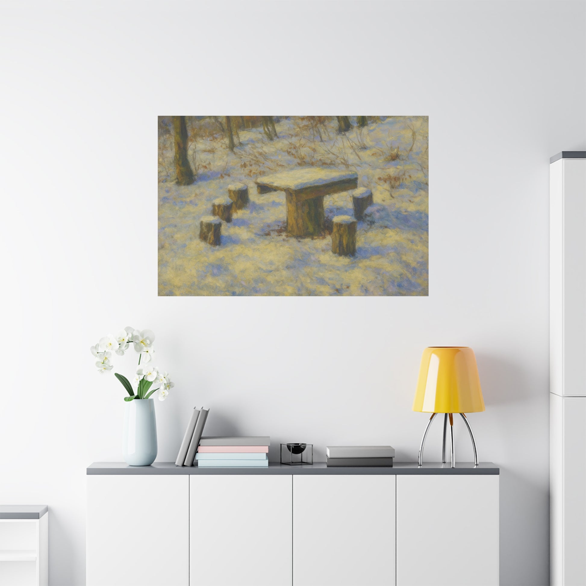 Snowy forest winter landscape canvas wall art by Printify, matte stretched print featuring a serene snow-covered forest scene.