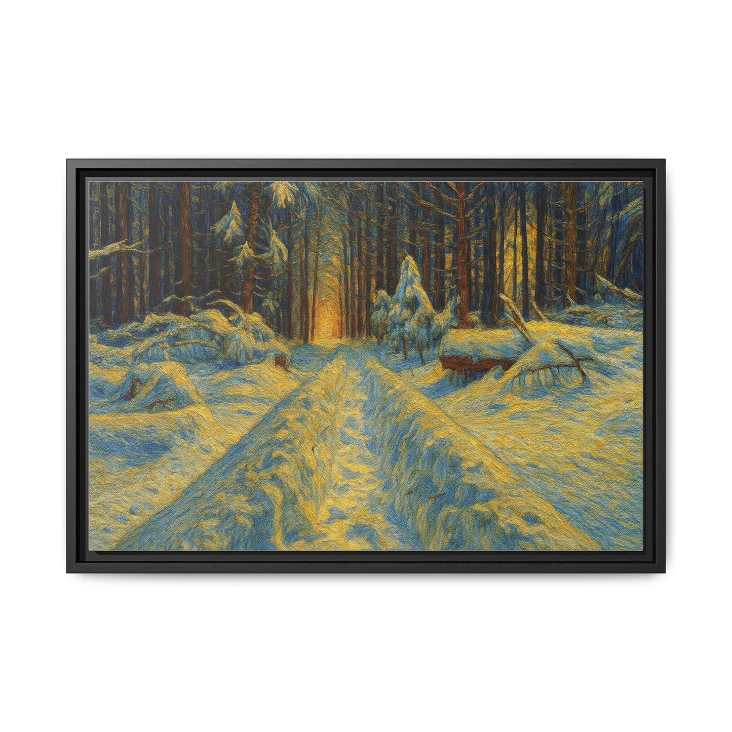 Framed matte canvas print of a snowy forest path at sunset, wall art by Printify featuring winter landscape scene.