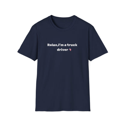 Pink heart graphic on a humorous "Relax, I'm a Truck Driver" T-shirt by Printify, featuring casual trucker style and comfortable fit.