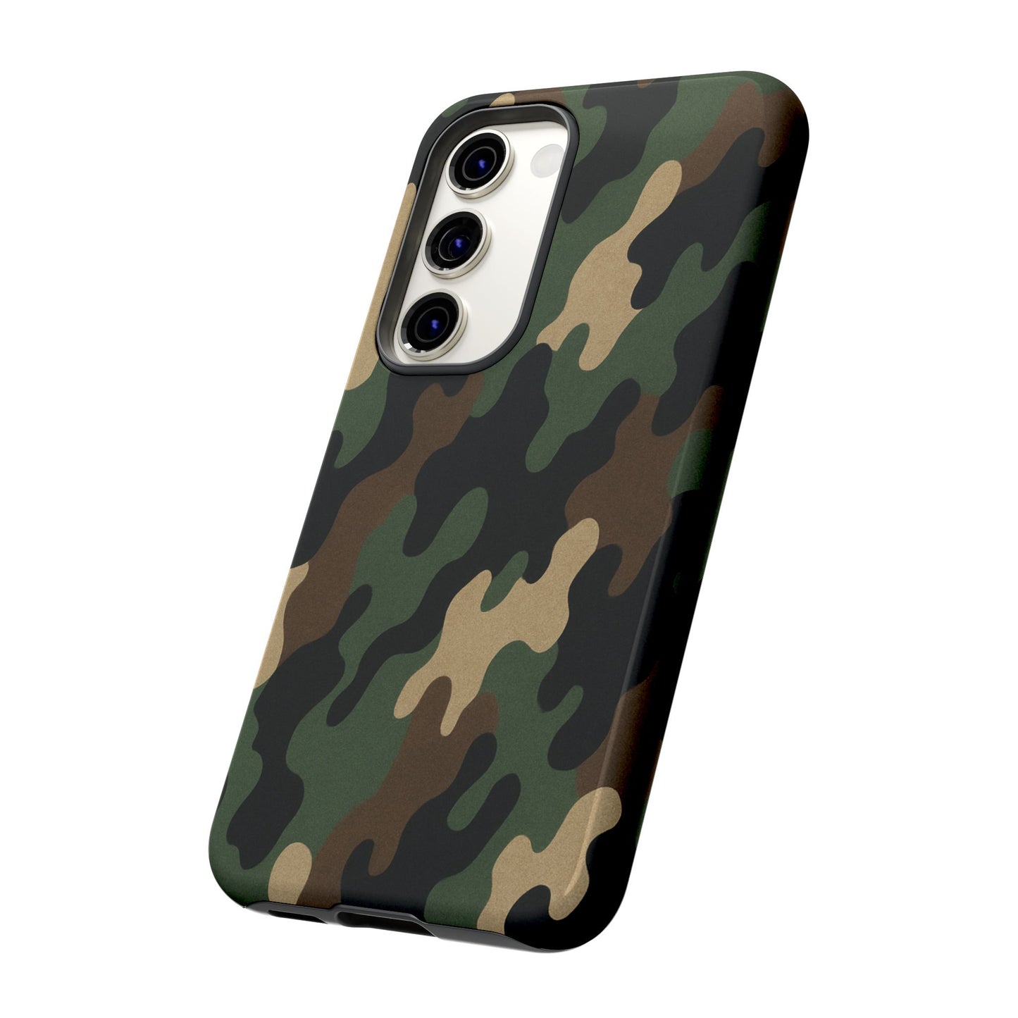 Rugged camouflage Printify phone case with tough protective design, featuring a green and brown camo pattern for durable device protection.