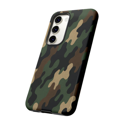 Rugged camouflage Printify phone case with tough protective design, featuring a green and brown camo pattern for durable device protection.