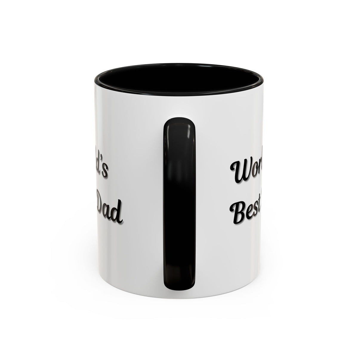 Black trim coffee mug with "World's Best Dad" message, available in 11oz or 15oz sizes, by Printify.