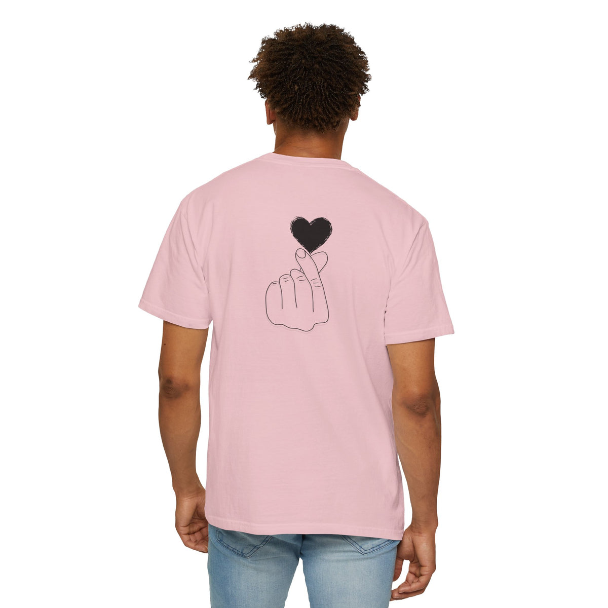 Black T-shirt with minimal white finger heart graphic design, casual unisex tee by Printify