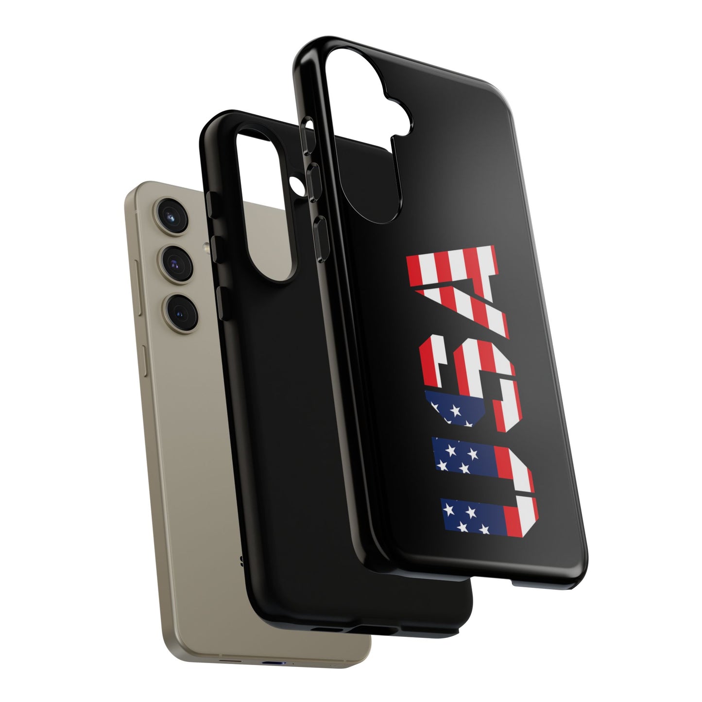Patriotic American flag phone case for USA smartphones, durable tough case by Printify featuring bold flag design.