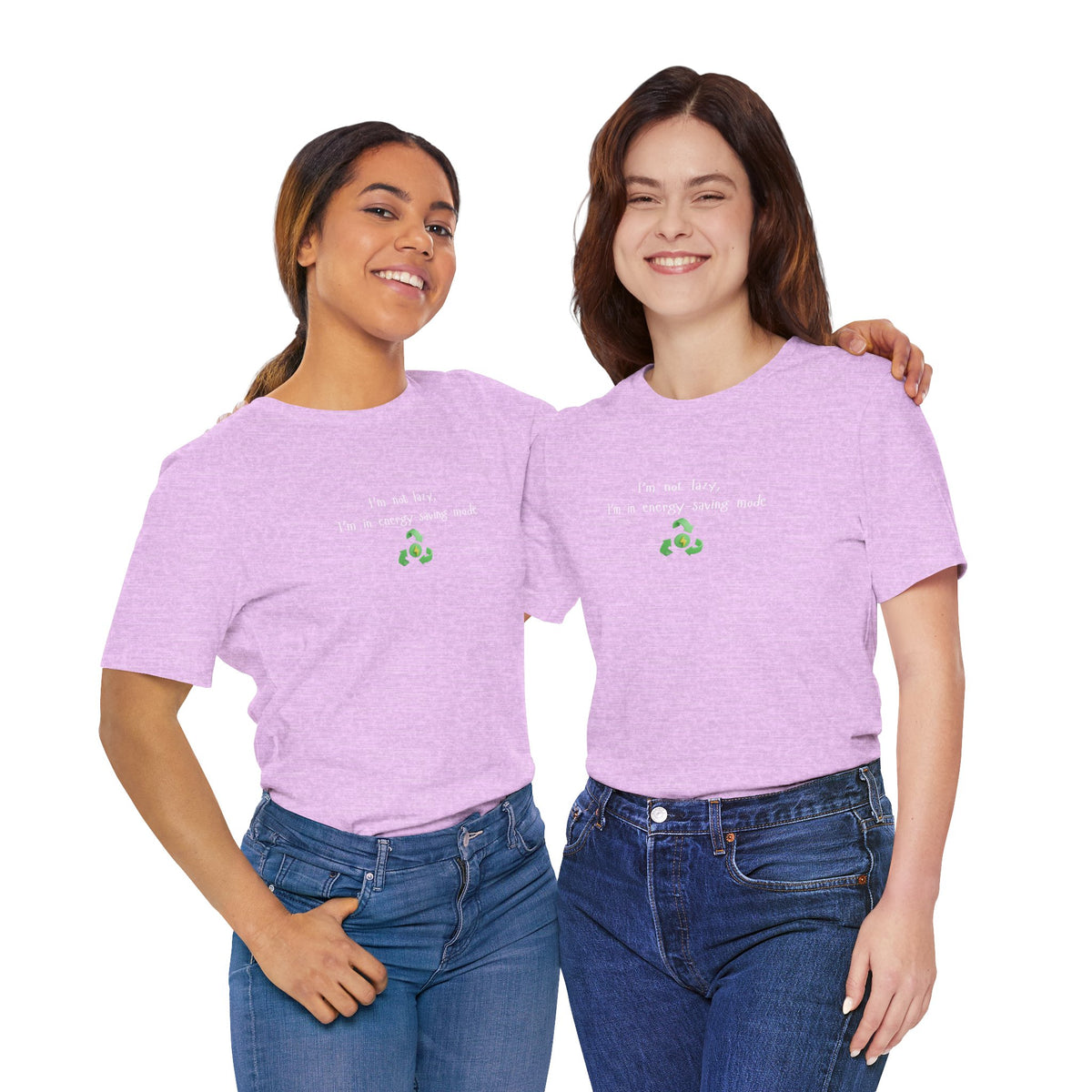 Eco humor T-shirt featuring "I’m Not Lazy, I’m an Energy-Saving Mock" print, casual cotton tee by Printify.