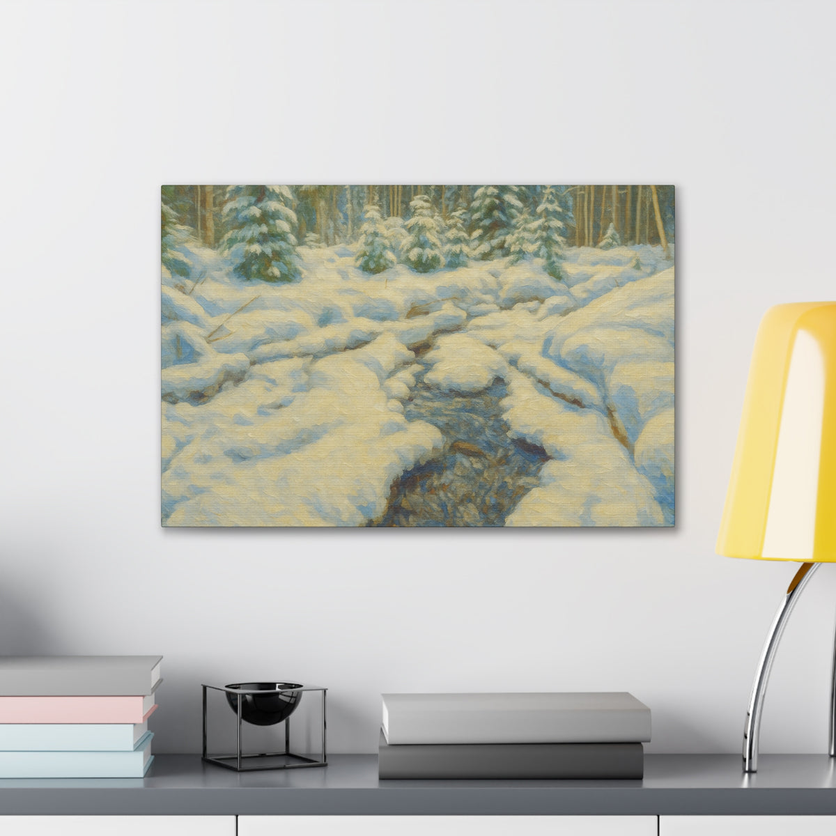 Winter landscape canvas wall art featuring a snowy forest and stream, printed by Printify on stretched canvas.