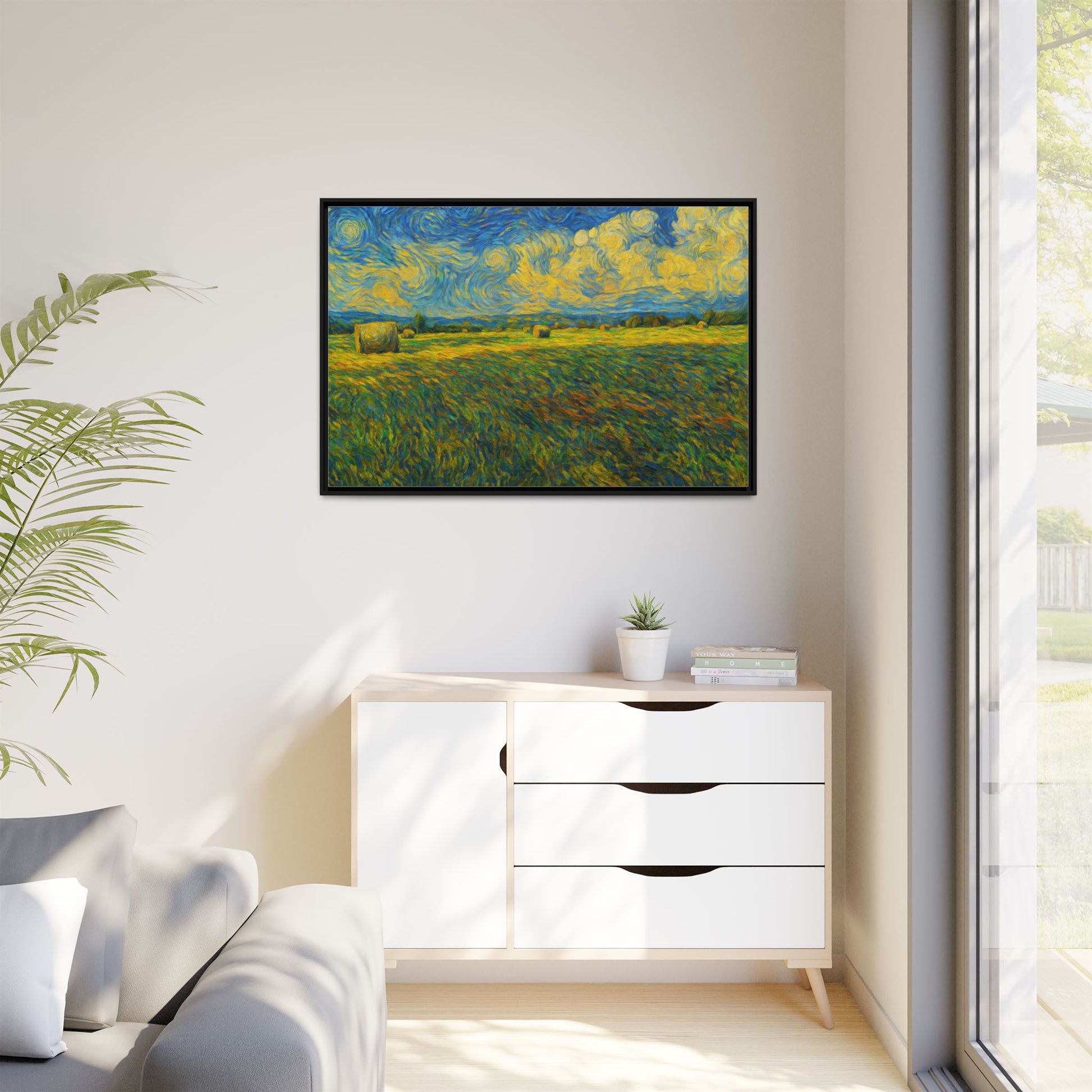 Framed landscape matte canvas print in multiple colors featuring a scenic nature scene by Printify