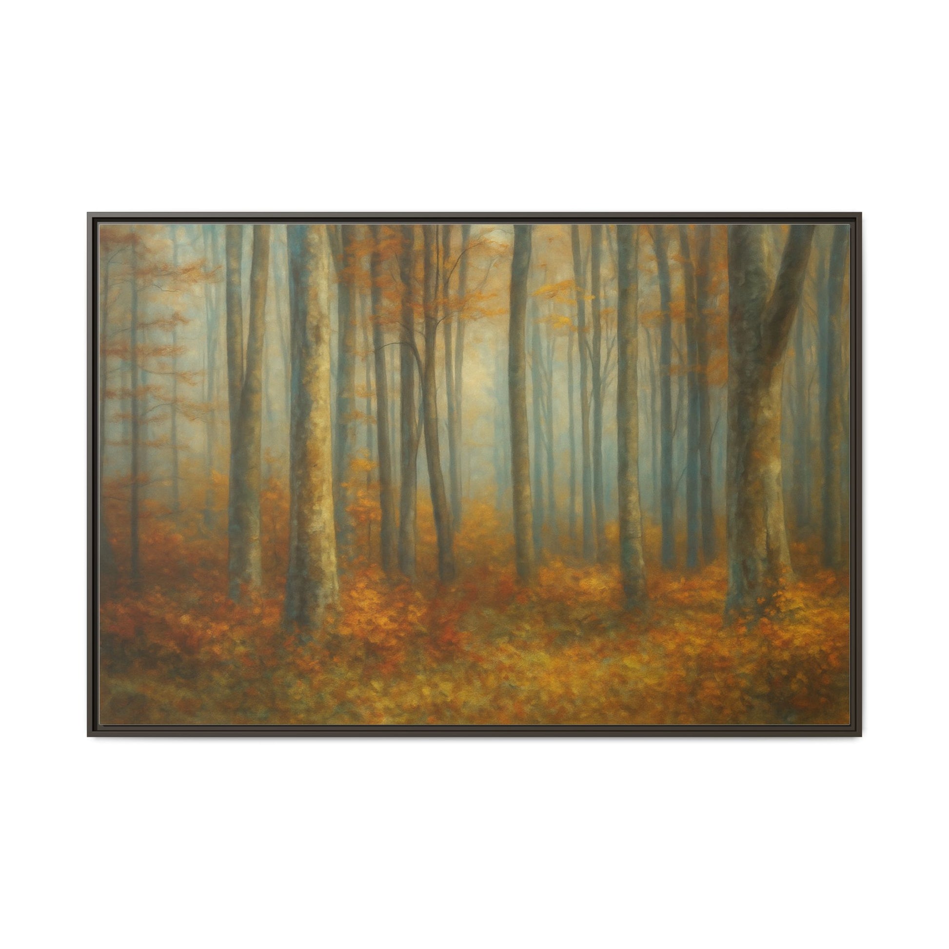 Framed autumn forest canvas print showcasing misty woodland scene, wall art by Printify with natural earthy tones.