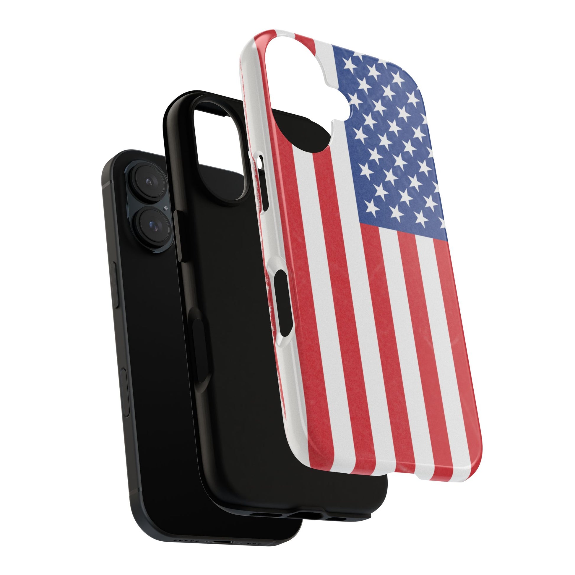 American flag tough phone case for iPhone, durable patriotic design with bold stars and stripes, made by Printify.