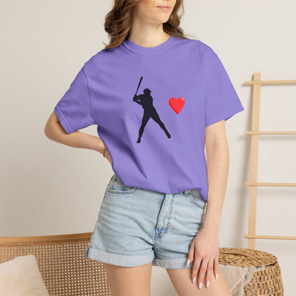 Printify baseball batter heart T-shirt featuring a graphic of a batter swinging with a heart design on the front.
