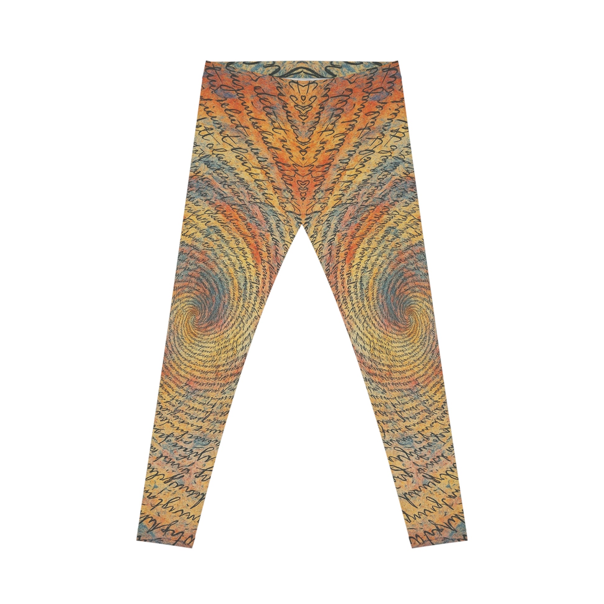 Bohemian Script Spiral all-over print women's casual leggings by Printify featuring vibrant, artistic design on stretchy fabric.