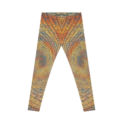 Bohemian Script Spiral all-over print women's casual leggings by Printify featuring vibrant, artistic design on stretchy fabric.