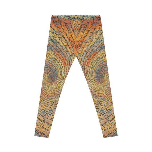 Bohemian Script Spiral all-over print women's casual leggings by Printify featuring vibrant, artistic design on stretchy fabric.