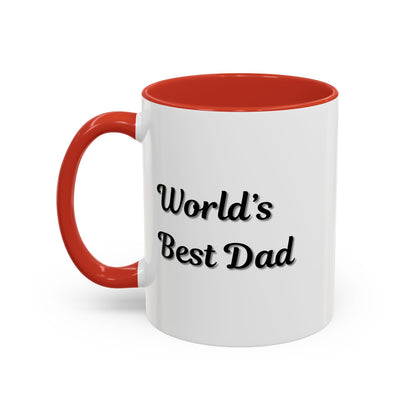 Black trim coffee mug with "World's Best Dad" accent design, 11oz or 15oz size, by Printify.