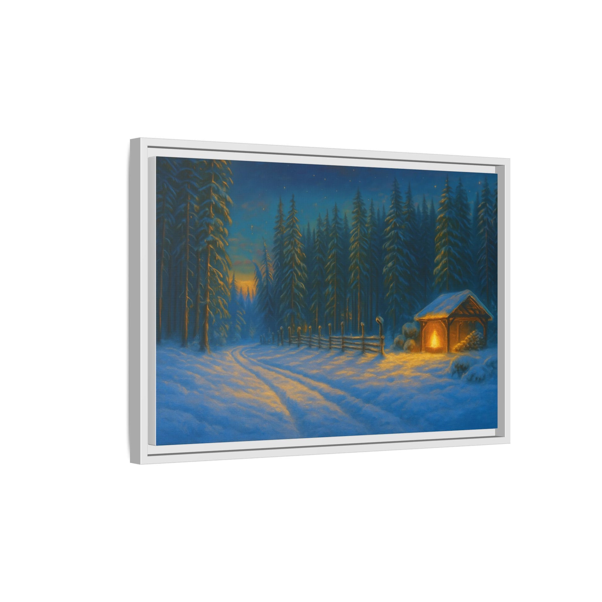 Cozy winter cabin matte framed canvas wall art featuring a snowy forest evening scene by Printify.