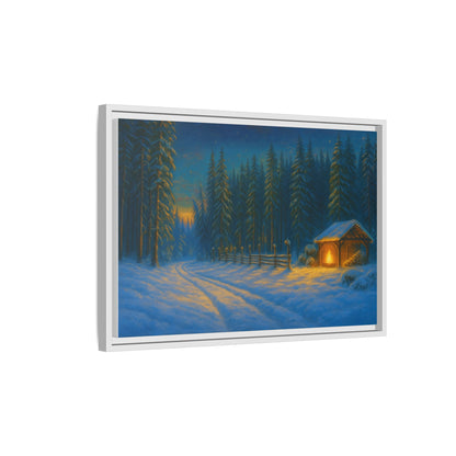 Cozy winter cabin matte framed canvas wall art featuring a snowy forest evening scene by Printify.