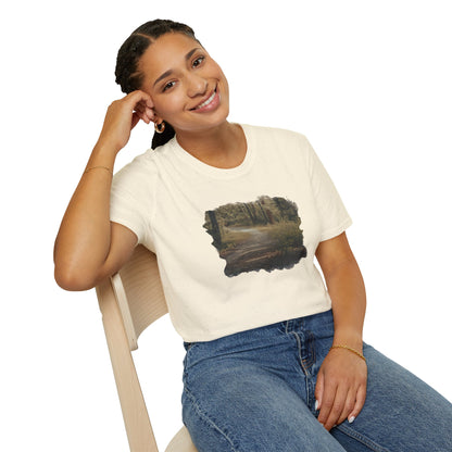 Vintage forest landscape T-shirt by Printify featuring a nature pathway scene on a comfortable cotton tee.