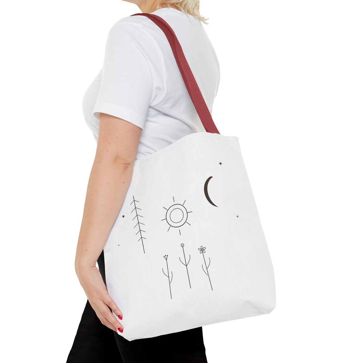 Minimal Moon and Sun botanical tote bag featuring celestial line art, designed by Printify, with natural plant-inspired illustrations.
