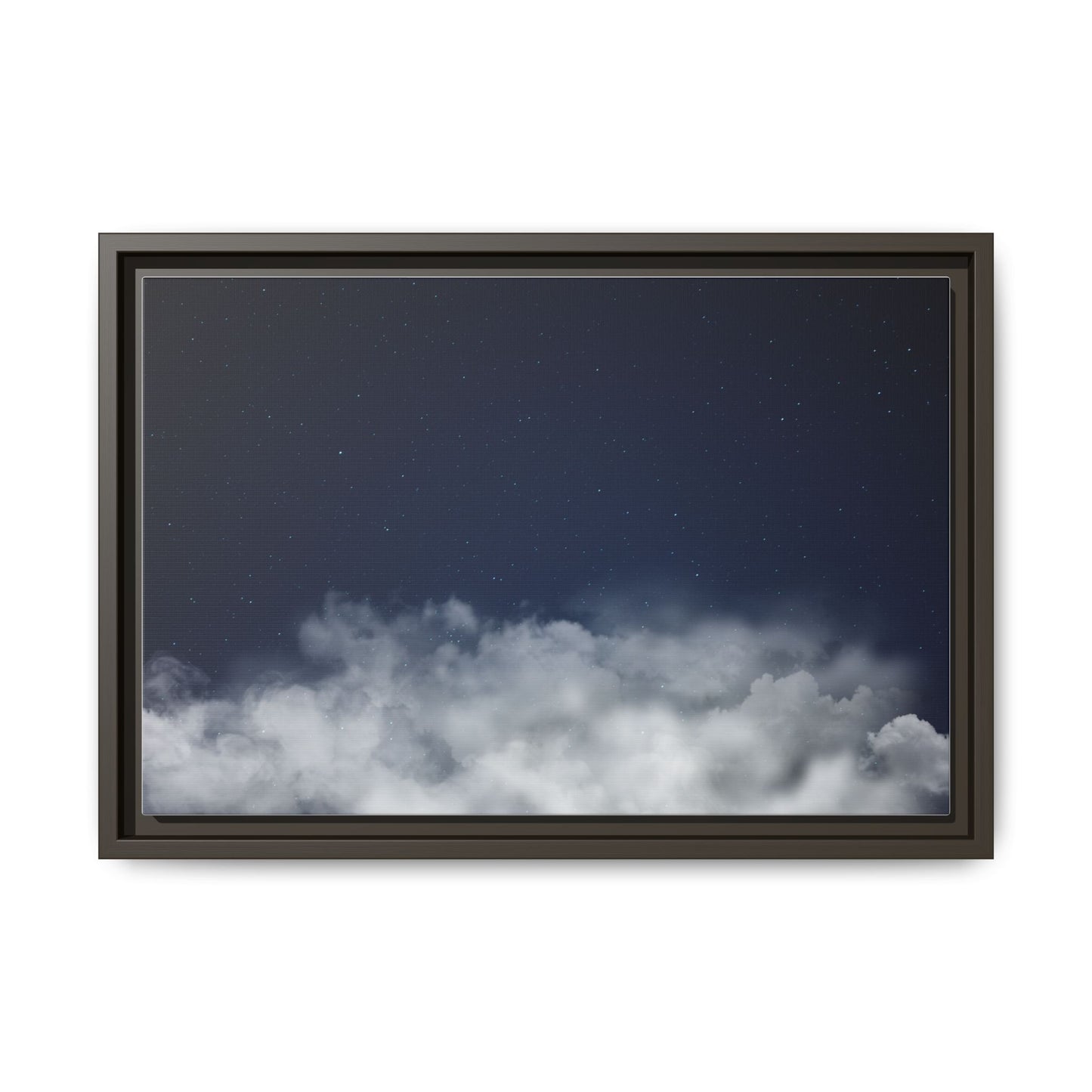 Framed night sky clouds matte canvas wall art featuring starry sky scene, by Printify, ideal for bedroom or living room decor.